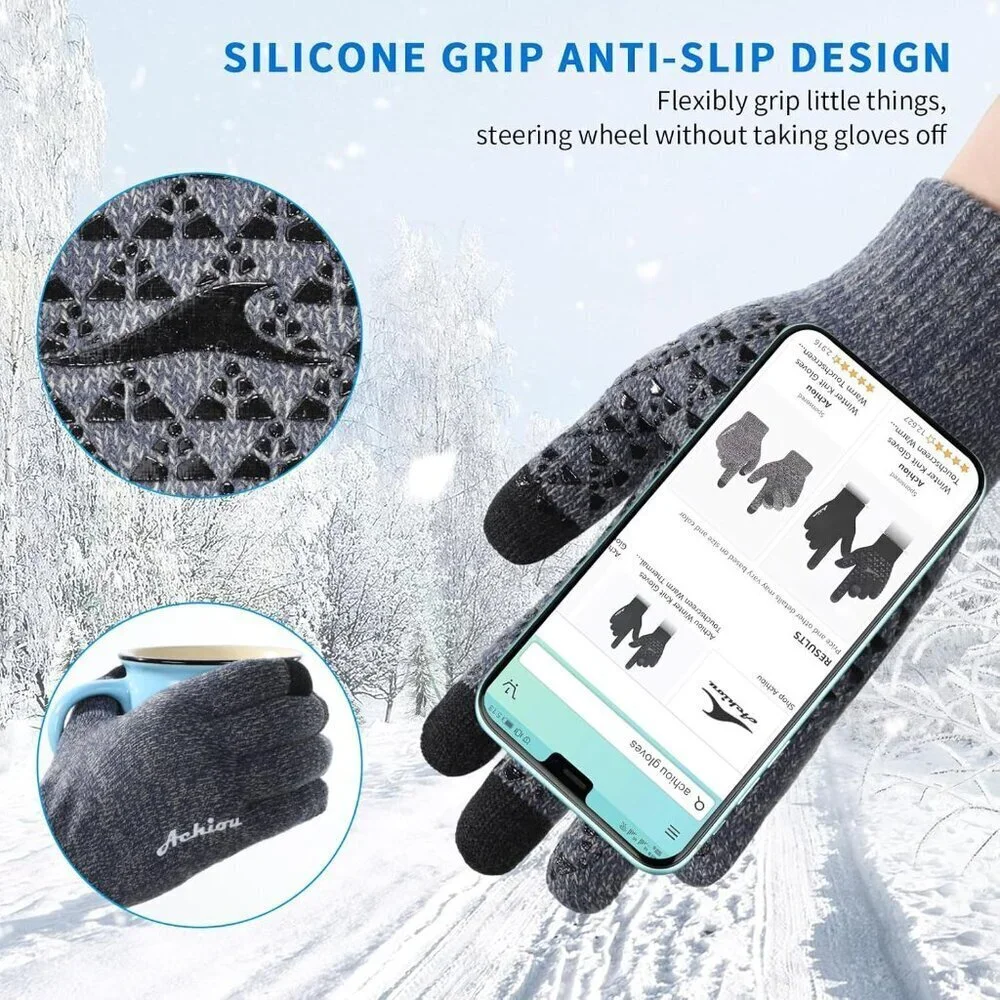 Women's Light Gray Upgraded Touch Screen Thermal Soft Knit Lining Winter Gloves